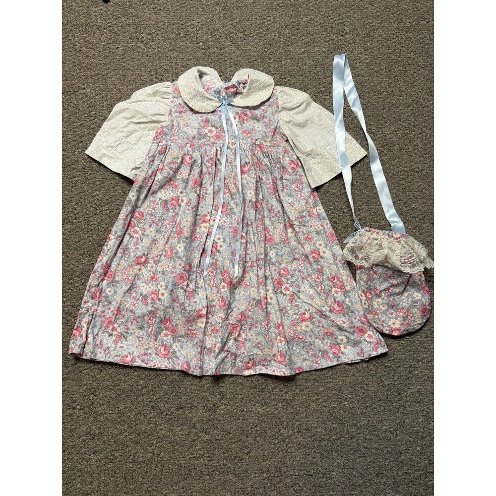 Vtg Floral CottageCore Garden Tea Party Dress Girls W Hand Bag Designer Handmade